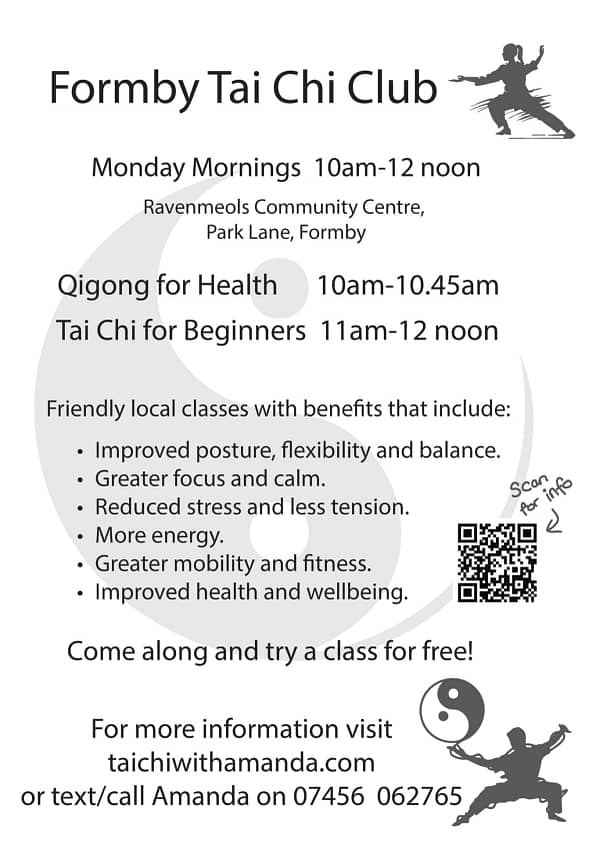 Come along and join us at the Formby Tai Chi Club on Monday Mornings at RavenMeols Community Centre, Formby. 10 am - 12 noon. All Welcome!